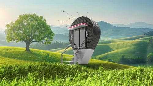 Location Pin House Doors Open to Reveal Content in a Green Landscape