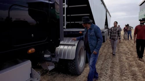 Farmers inspecting wheat crop near semitruck trailer on rural farm field