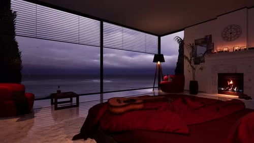 Cozy Bedroom Fireplace with Ocean View During a Storm