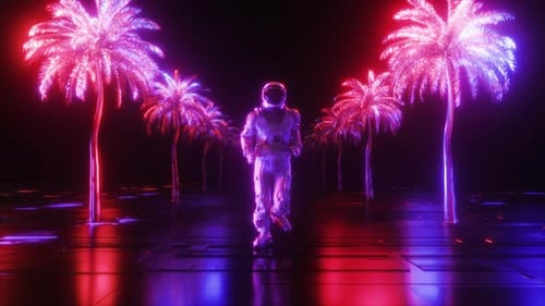 Astronaut Runing Between Neon Palm Trees Background Loop