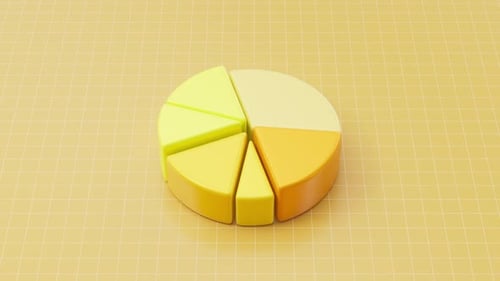 Gráfico circular giratorio amarillo en 3D con información de segmentos coloridos, visualización financiera gráfica en 3D