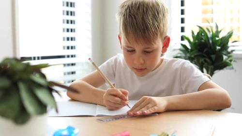 Cute boy doing school homework at home. Distance education. Online education.