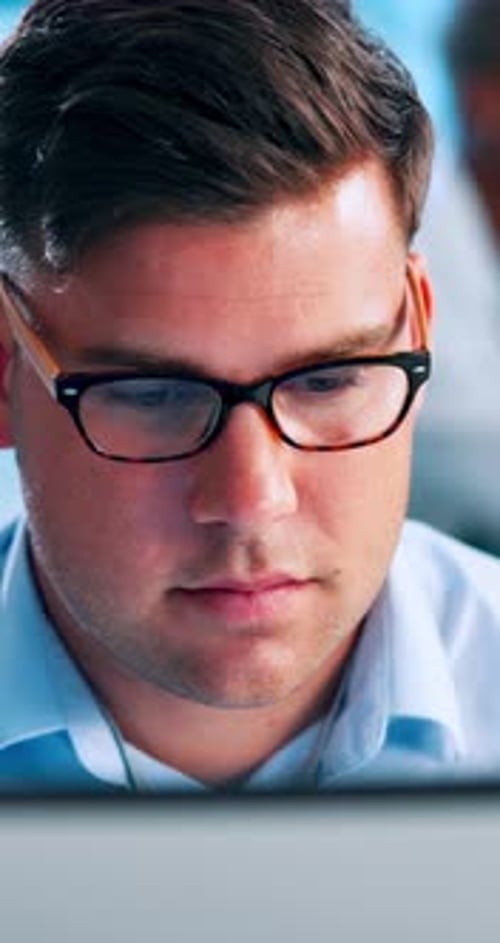 Computer, information and reading with business man at desk in office for online report or research