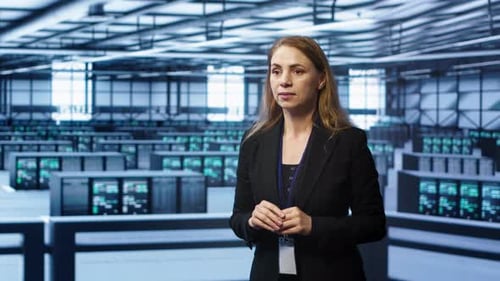 Software Developer Looking at Holograms in Data Center Monitoring Infrastructure