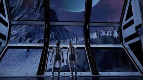 Astronauts Inside Sci Fi Base Observing Icy Planet 1