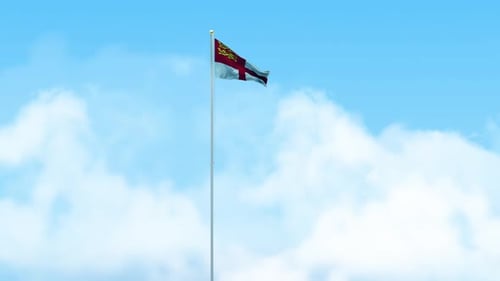 3D-Render-Animation mit Sark-Flagge, die auf einer Stange mit blauem Himmel weht
