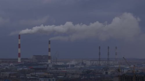 Timelapse Panorama Of Factory Smoke Industrial Pipes