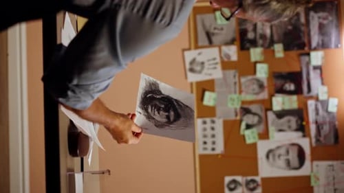 Vertical Video Close Up in the Detective's Office Middleaged Investigator in a Shirt and Tie