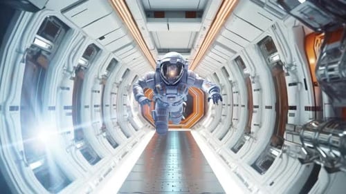 Astronaut Floating Through Futuristic Space Station Corridor