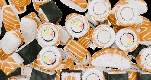 Herbstübergang mit japanischen Lachsbrötchen und Sushi vor transparentem Hintergrund