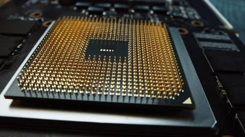 Focus on a CPU Processor Socket. Printed Circuit Board / Computer Motherboard with Components: Insi