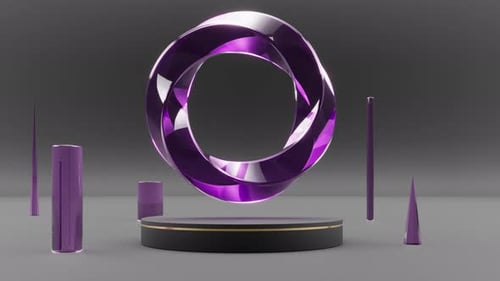 3d Render of Purple and Black Podium with Circle Ring Shape Long Thin Objects on the Side Grey Back