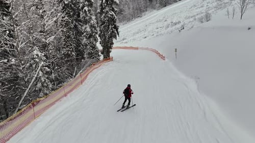 Aerial View of Skier Riding Down Groomed Slope Near Safety Fences and Snowy Forest Active Winter