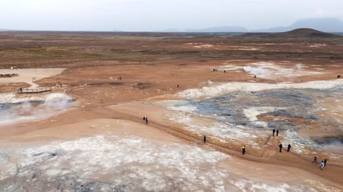 Aerial View Of Namafjall Geothermal Area Boiling Mud Pots And Smoking Fumaroles