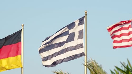 Flags of Germany, Greece, and Liberia Waving