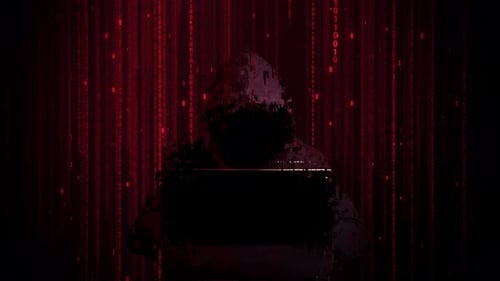 Hacker Silhouette in Digital Red Matrix Glitch Background
