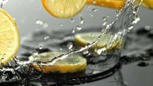 Slices of Lemon Falling Into Water Splashing