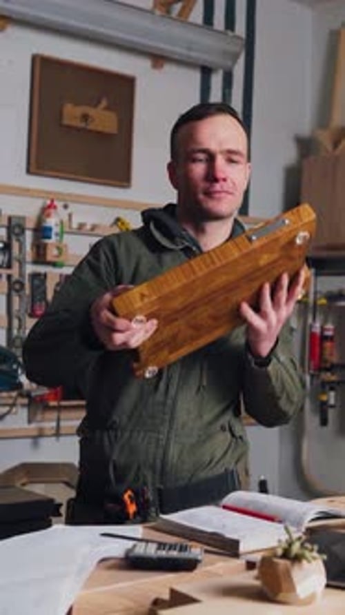 Male Carpenter in Carpentry Shop Checks the Quality of a Wood Product Young Caucasian Carpenter in a