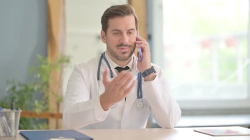 Male Doctor Talking on Phone in Clinic