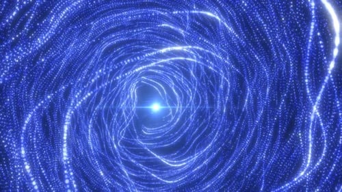 Deep blue glowing tunnel of swirling particles forming a futuristic digital vortex