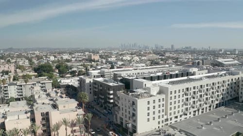 Aerial wide shot of the Los Angeles city sprawl with downtown Los Angeles in the background. 4K