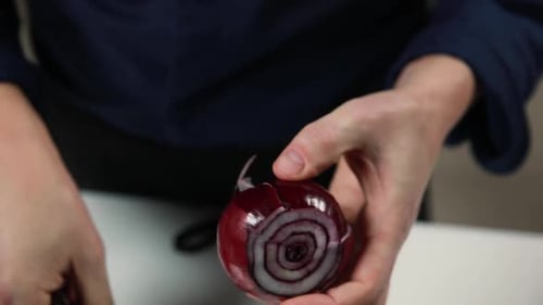 Peeling Red Onion Skin with Knife
