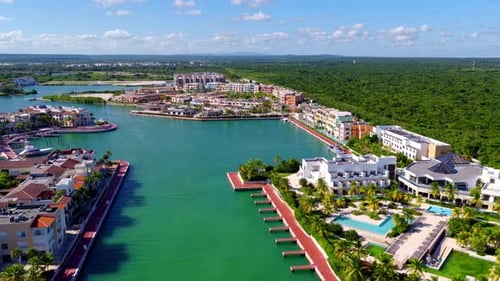 Hotels And Resorts At Cap Cana Marina In Summer In Dominican Republic. - aerial shot
