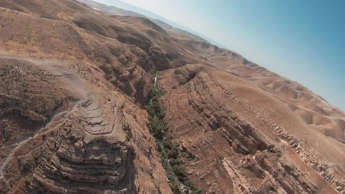 FPV Mar Saba Greek Orthodox Monastery in Israel Judaean Desert, Aerial view