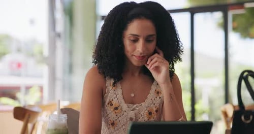 Remote work, thinking and woman with tablet in cafe for freelance job, feedback and digital report