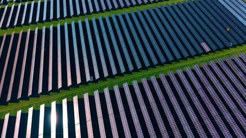 Mehrere Photovoltaikzellen, die grüne Energie erzeugen. Drohnenaufnahmen über den Reihen von Sonnenkollektoren.