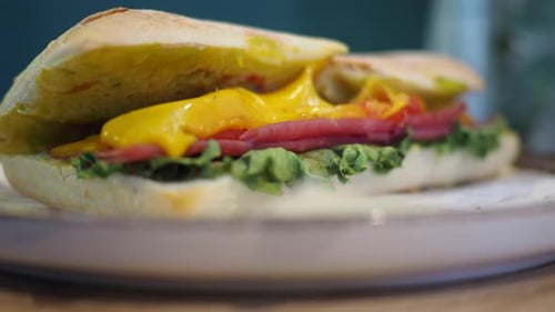 Sandwich with Ham, Cheese and Greens on Plate