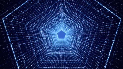 abstrakter Hintergrund mit Pentagon-Tunnelpartikeln, blauer, schleifenförmiger Hintergrund