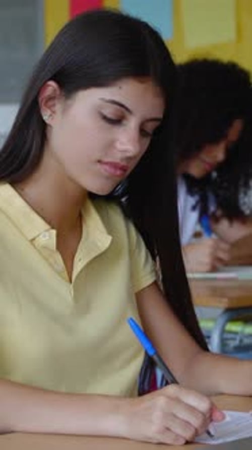 Vertical Video of Young Student Girl Studying at High School