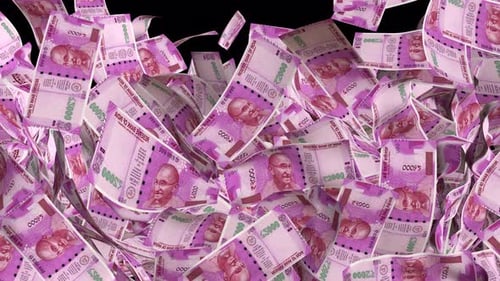 2000 Rupees money transition. Cash rain. Alpha channel.