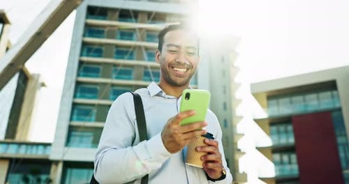 Smartphone, business man and coffee in city, social media or typing online