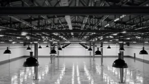 Empty Industrial Warehouse Dolly Shot with Glitch Effect