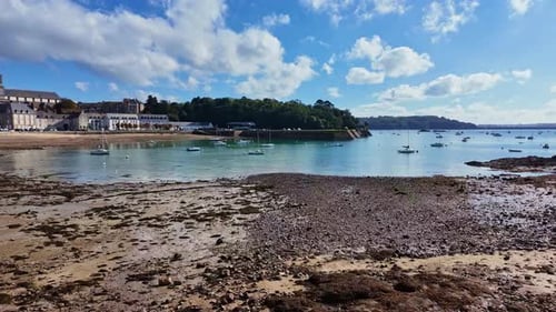 Beach near Solidor tower at Saint-Malo, Brittany in France. Panning