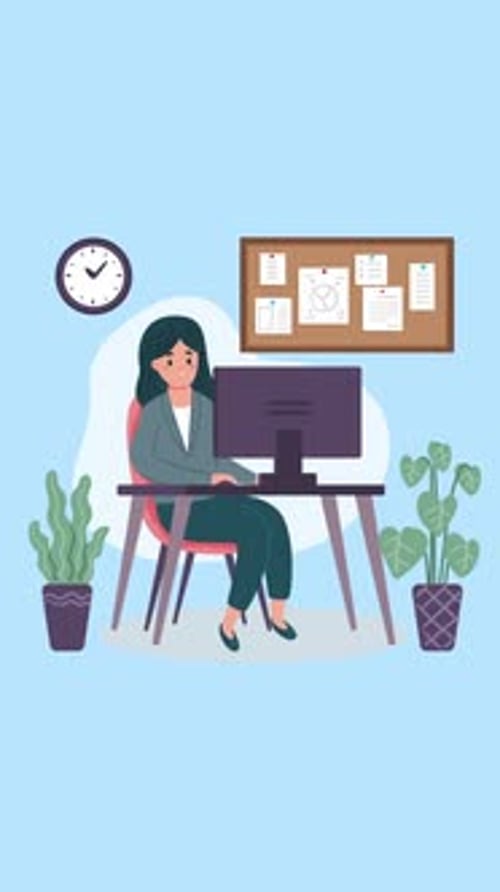 Une femme travaillant au bureau travaille sur un projet sur l'horloge de l'ordinateur en arrière-plan vertical
