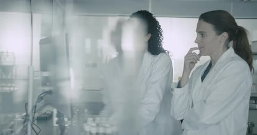 Scientists Discuss Data at Computer in Modern Lab