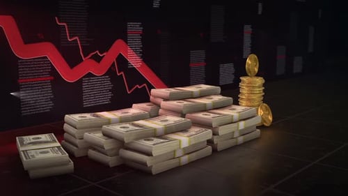 Pilas de dinero con una flecha roja cayendo y un fondo bursátil 4K
