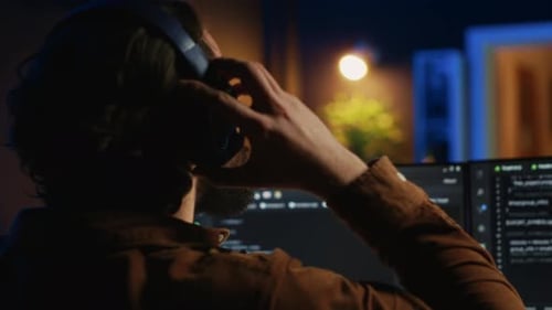 Technician Listening Music While Using Coding to Fortify Firewalls