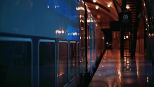 Blauer Zug kommt am Abend am Bahnhof an