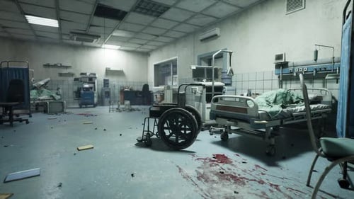 Abandoned and Destroyed Hospital Room with Empty Beds and Scattered Debris