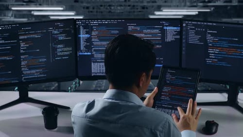 Back View Of Asian Man Developer Working With Tablet While Write Code In Data Center