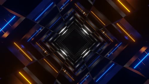Fondo de túnel tipo ajedrez con brillo neón azul y naranja VJ Loop en 4K