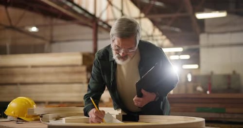 Carpenter, pencil and drawing with blueprint for construction, furniture or project