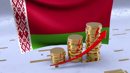 Belarus Flag With Gold Coins Tower And Up Arrow