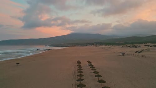 Beautiful Evening Resort Beach Drone View Empty Places for Rest with Umbrellas