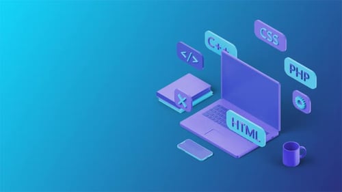 Animated Coding Concept with Laptop and Programming Languages