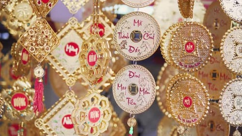 Red and gilded decorations at Lunar New Year market, Vietnam
